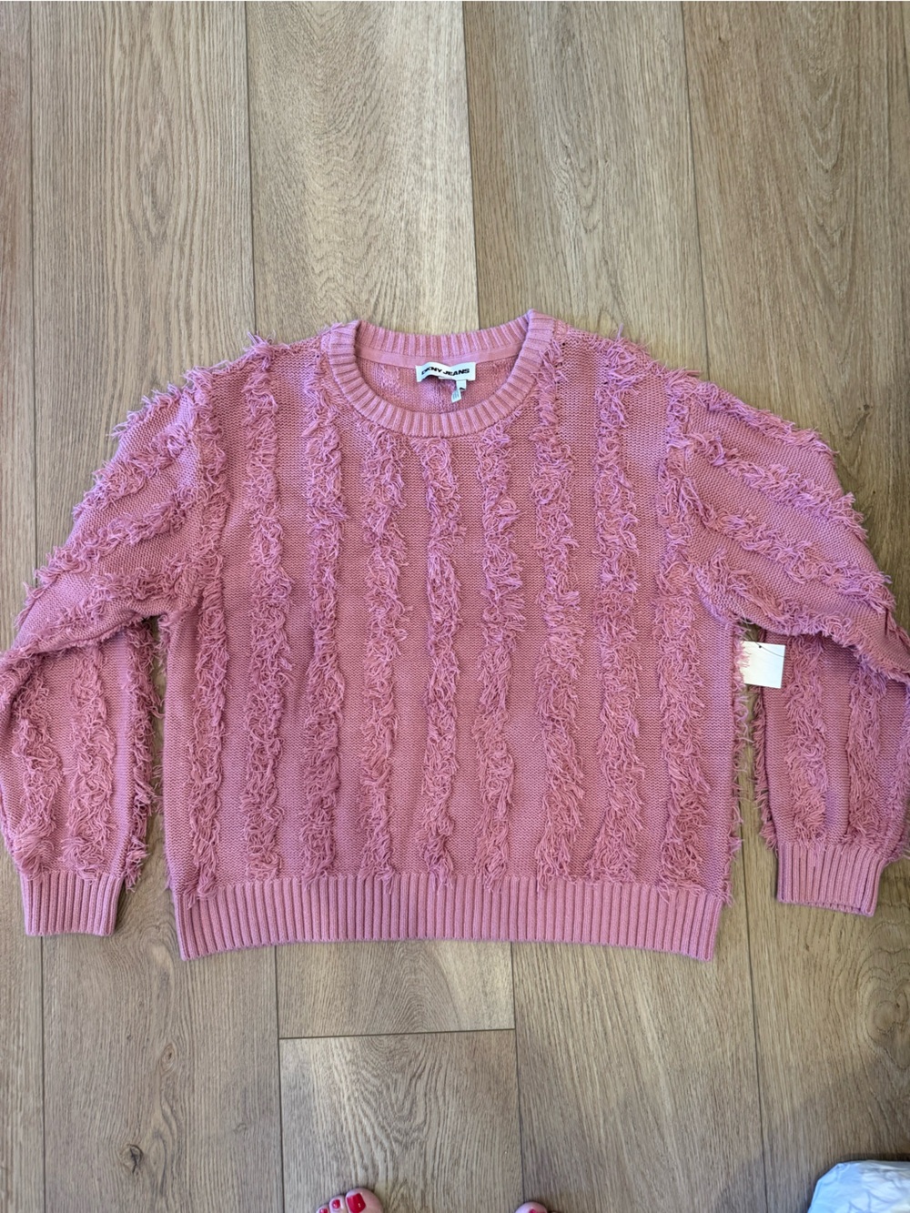 NWOT DKNY Jeans XL Blush Pink Fringe Stripe Boxy Oversized Sweater Cozy Knit